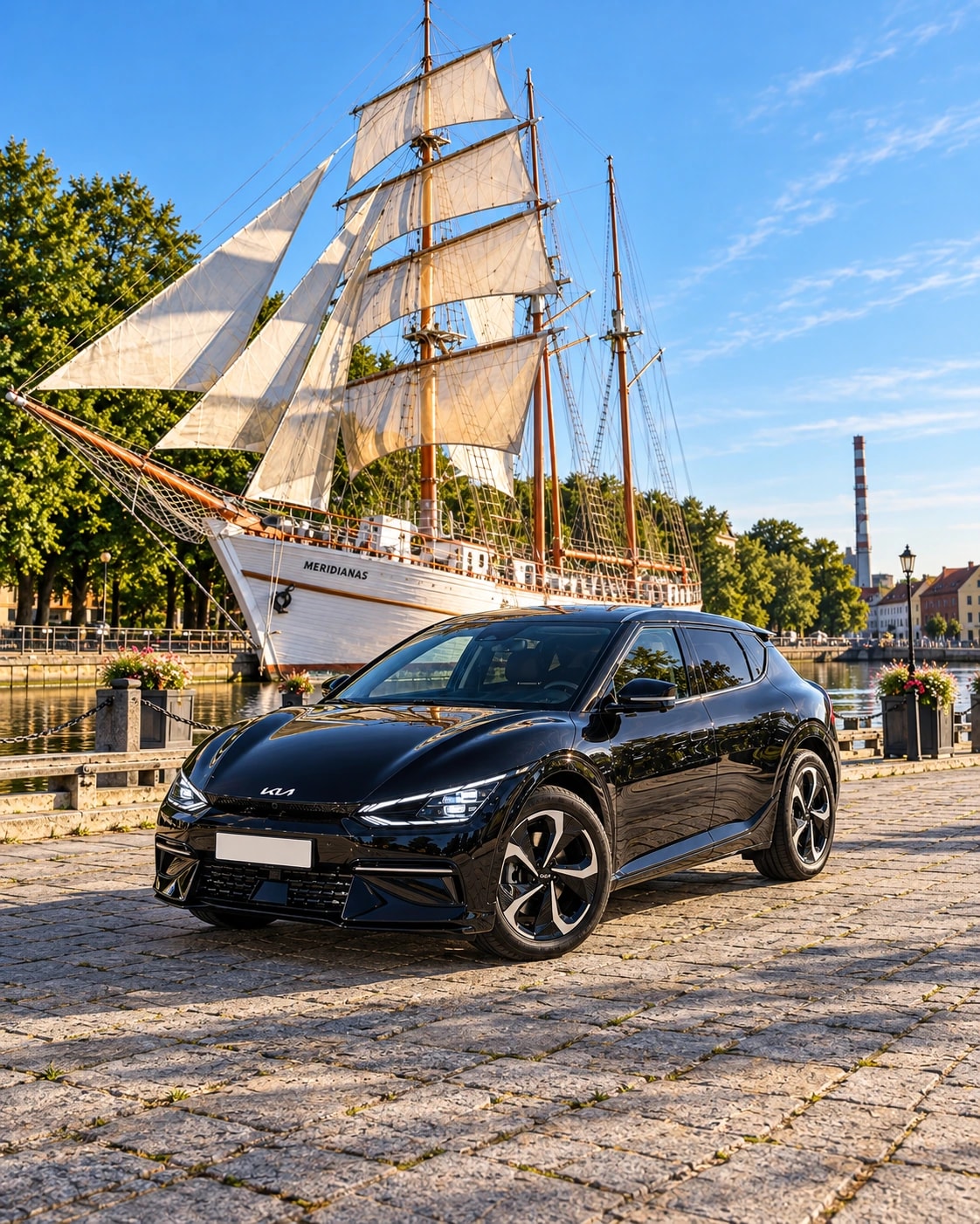 Kia EV6 prie burlaivio Meridianas Klaipėdos krantinėje