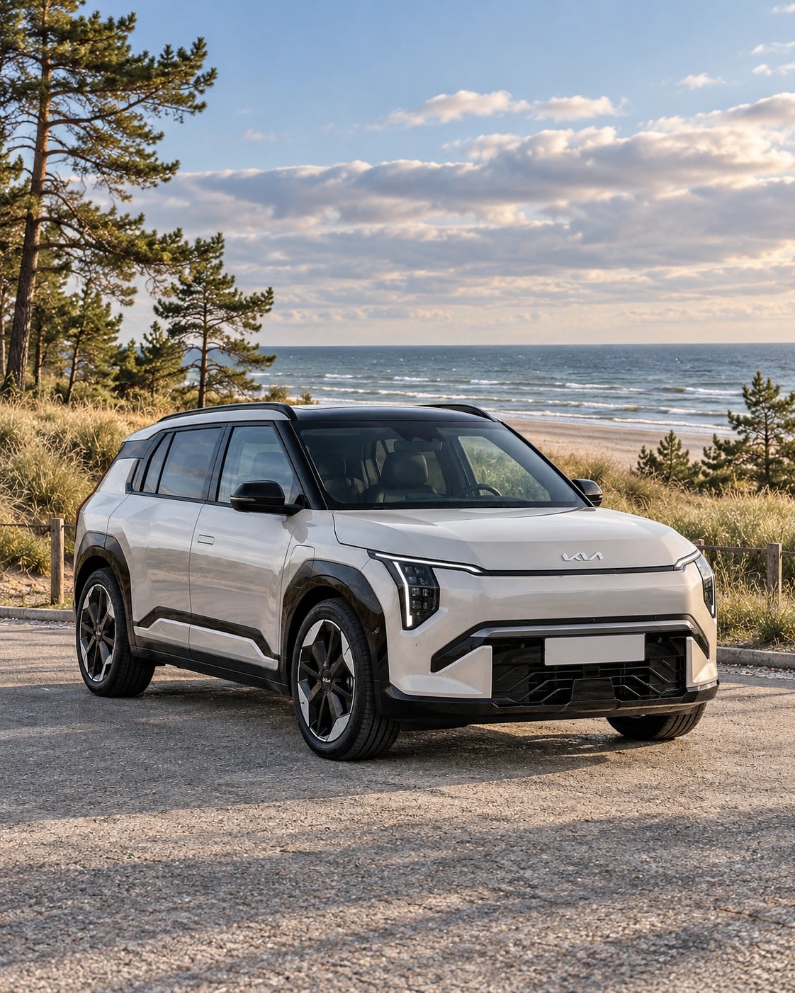 Kia EV3 prie smėlėto pajūrio kraštovaizdžio